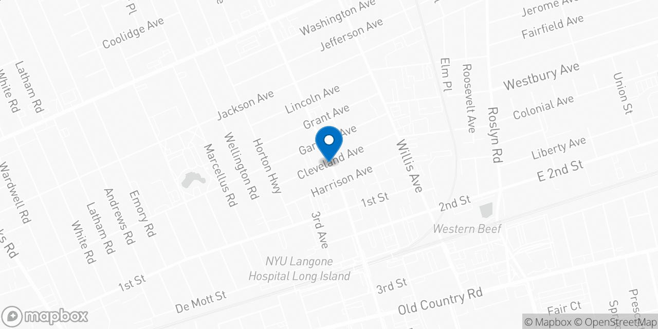 Map showing the location of the Social Security office in Mineola, NY