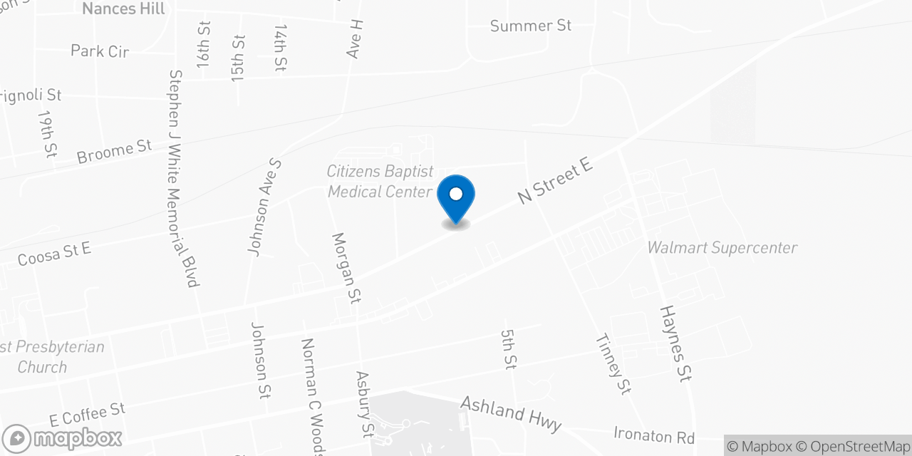 Map showing the location of the Social Security office in Talladega, AL