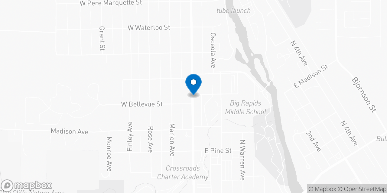 Map showing the location of the Social Security office in Big Rapids, MI