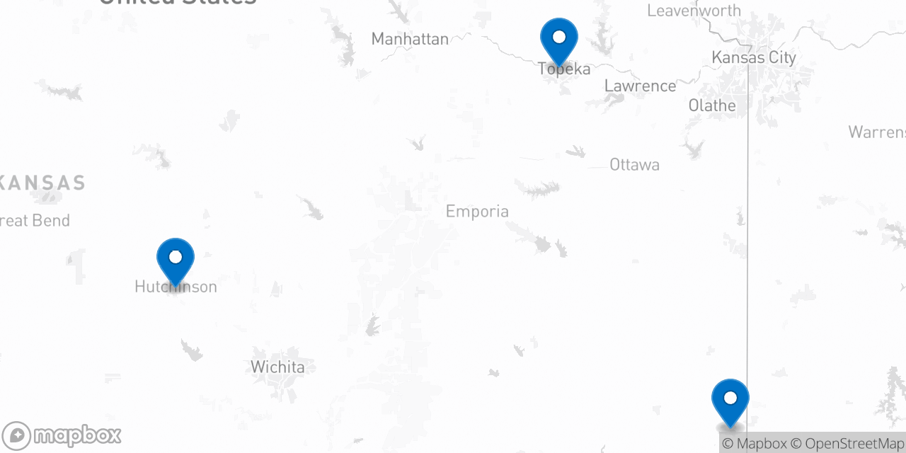 Map showing the cities with upcoming free seminars: Hutchinson, KS, Pittsburg, KS, and Topeka, KS