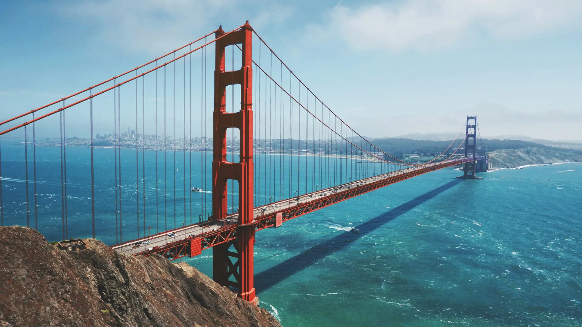 The Golden Gate Bridge spanning the bay toward San Francisco