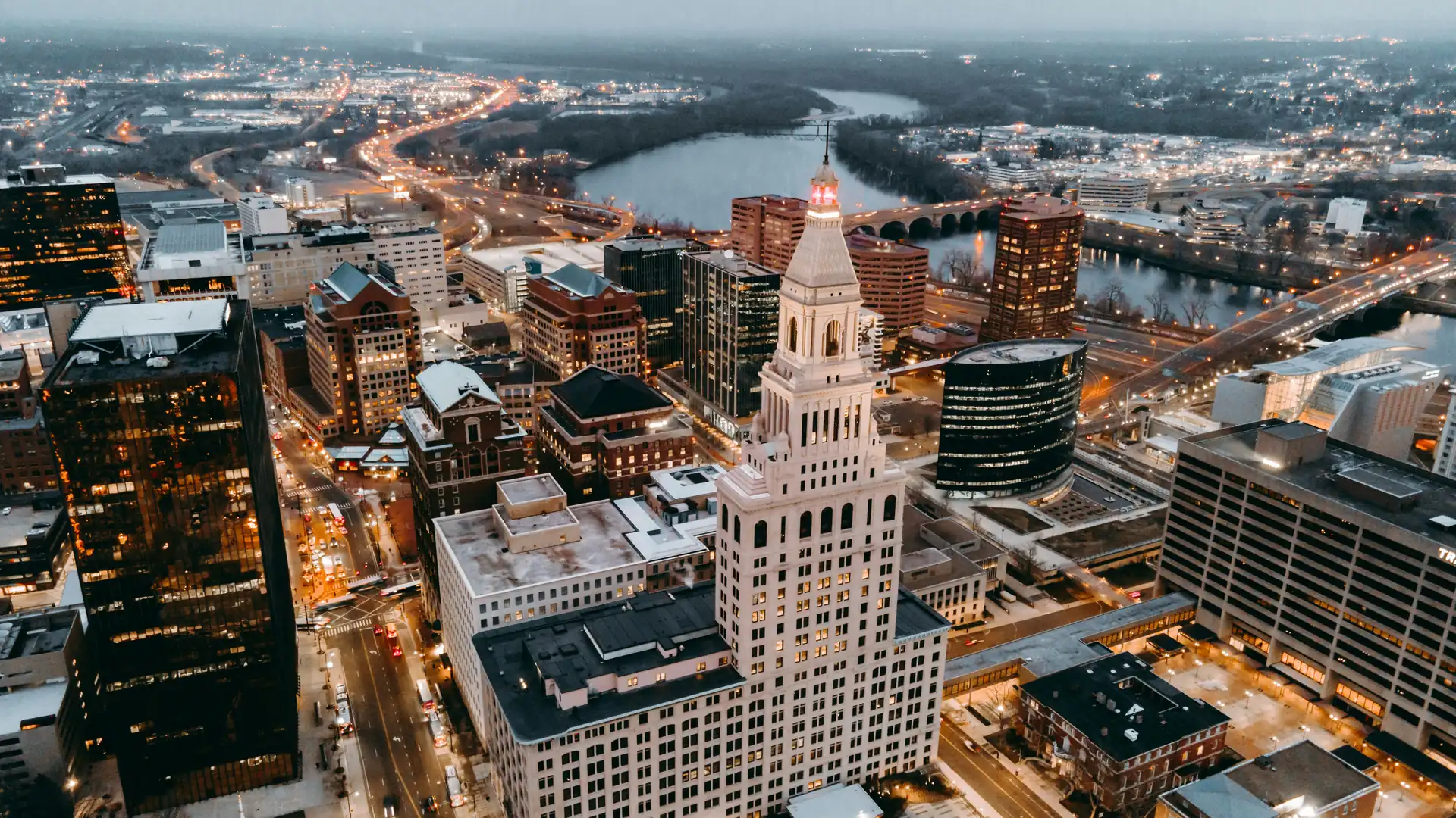 Downtown Hartford and the Connecticut River at dusk