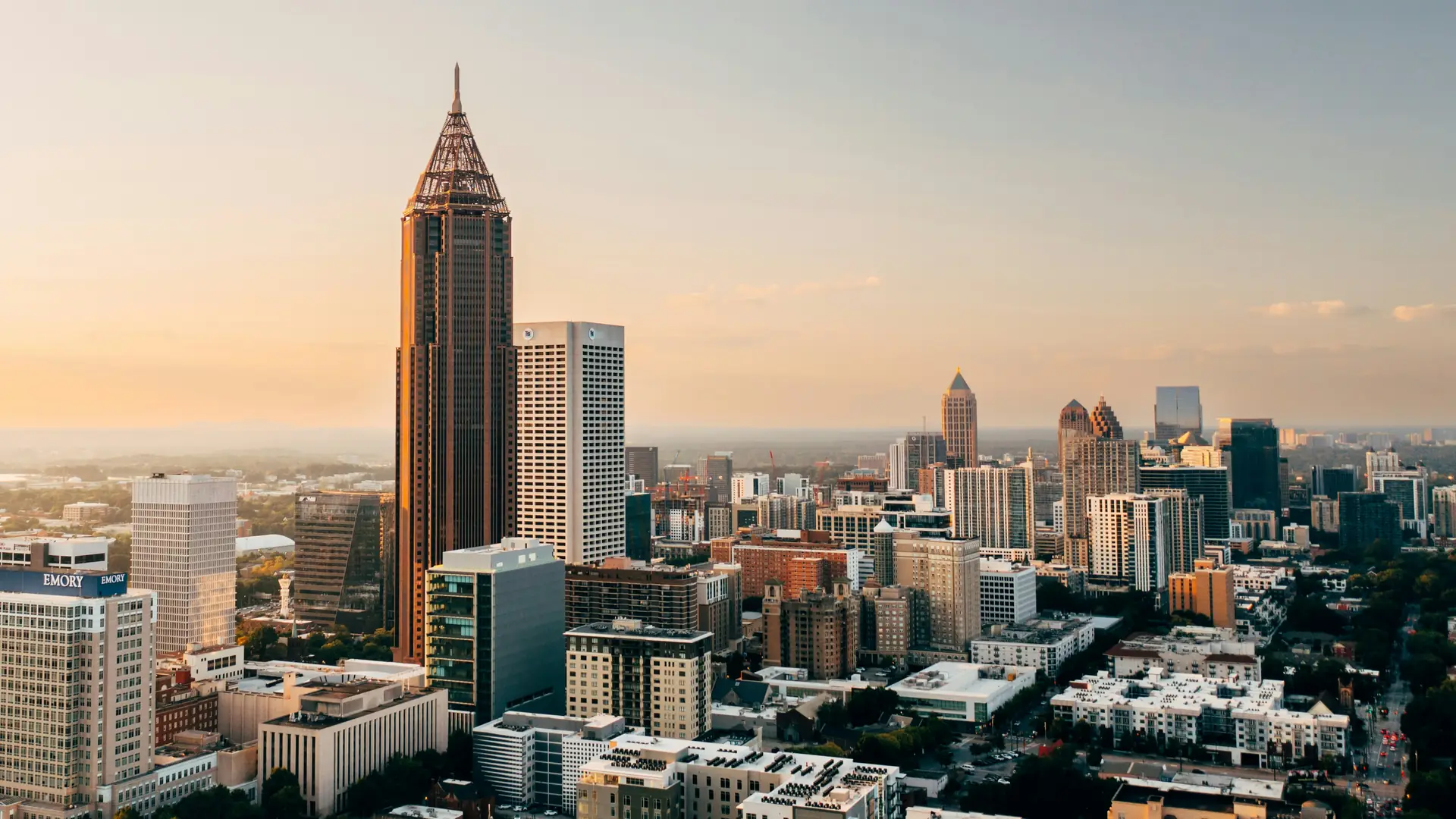 The midtown Atlanta skyline at sunset