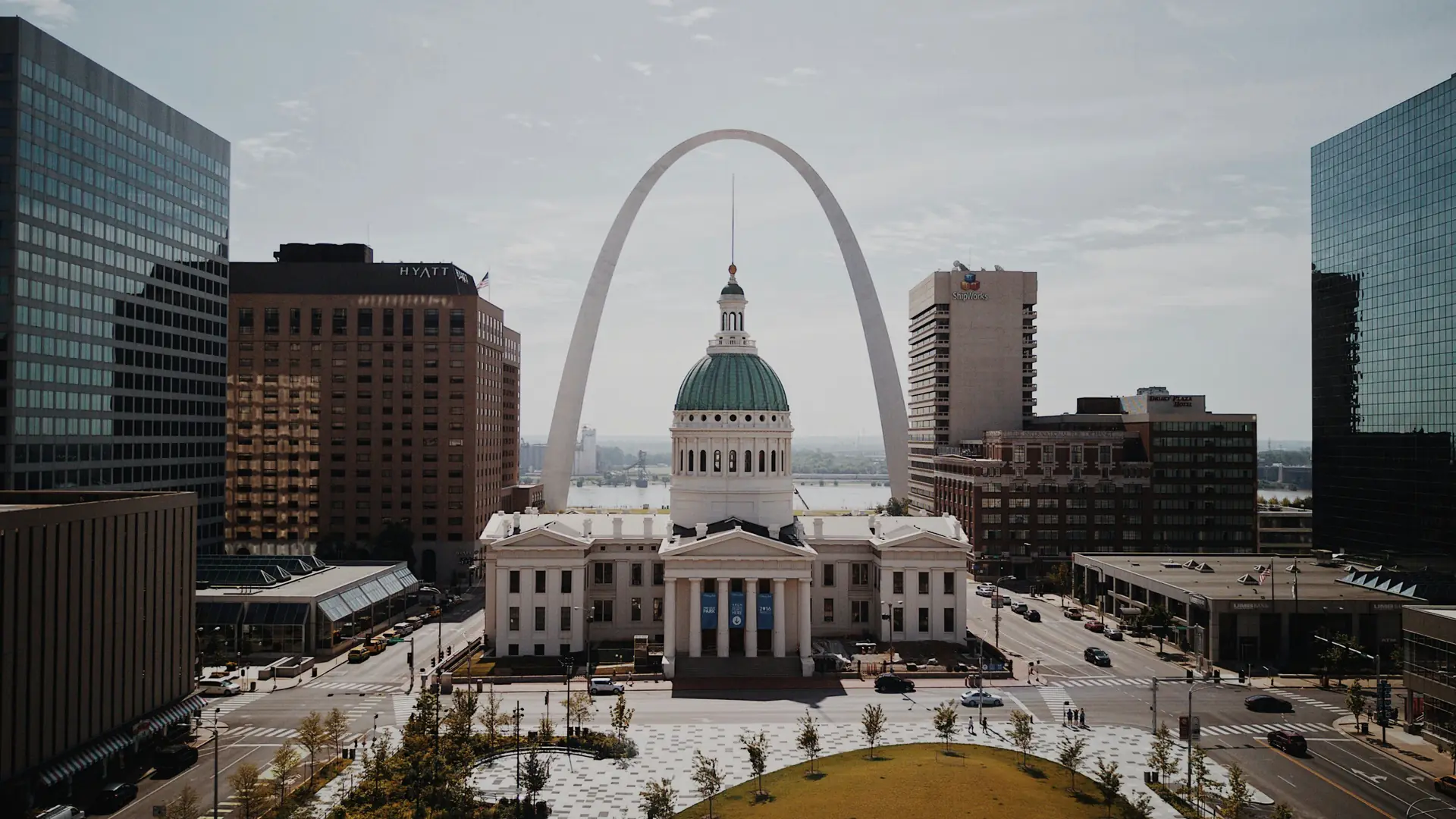 The Gateway Arch rising behind the Old Courthouse dome in downtown St. Louis