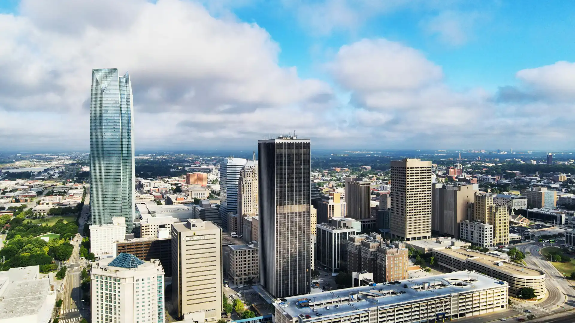 Aerial view of the downtown Oklahoma City skyline with the Devon Tower
