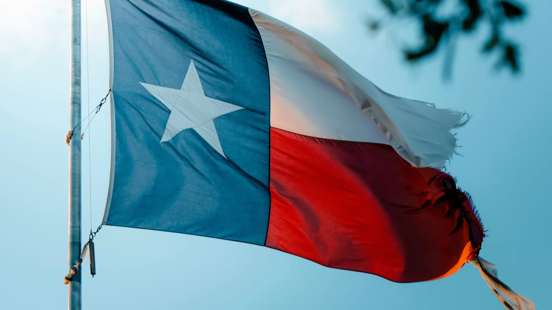 The Texas state flag flying against a clear blue sky